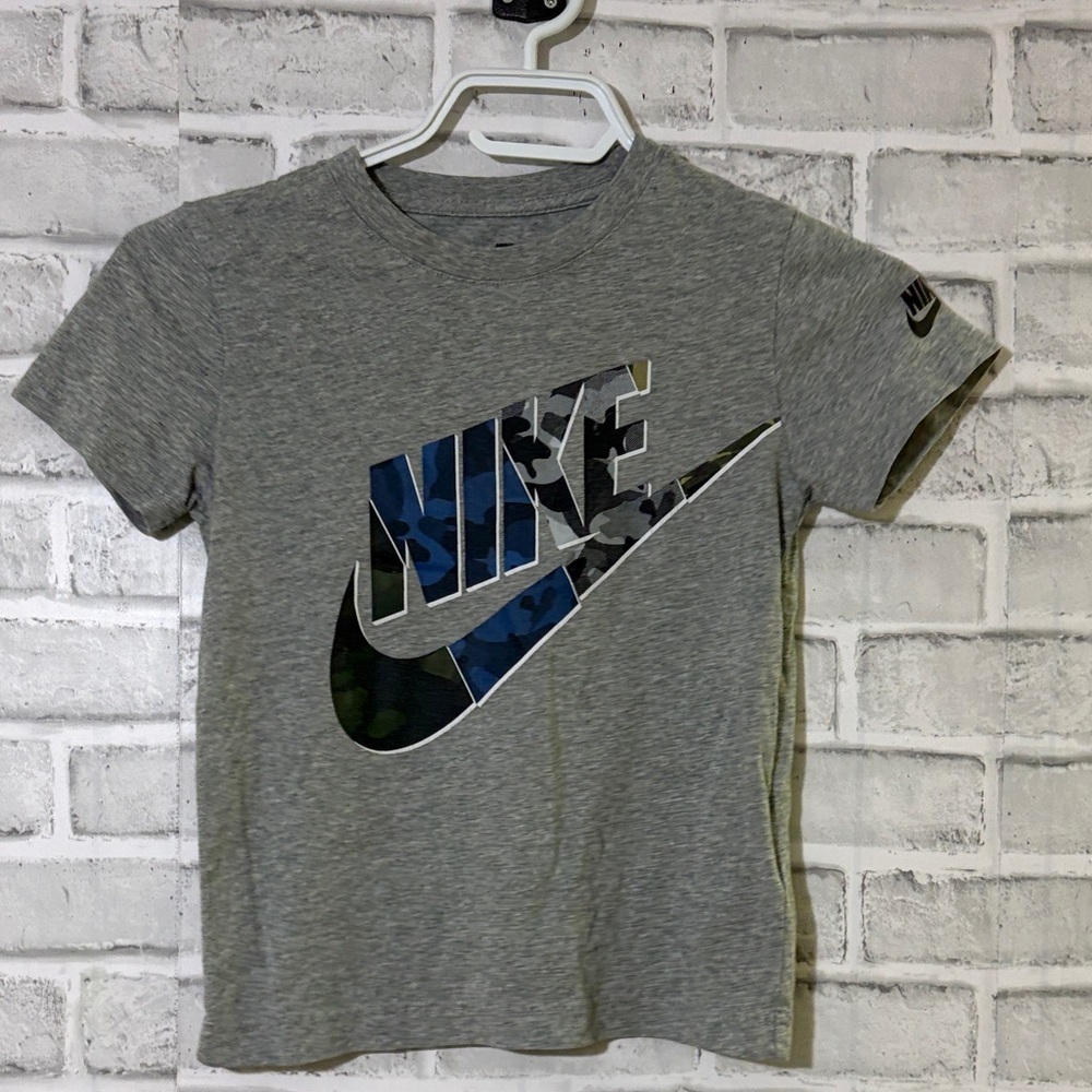 4/$20 Nike Kids Gray Tee with Camouflage Blue Logo